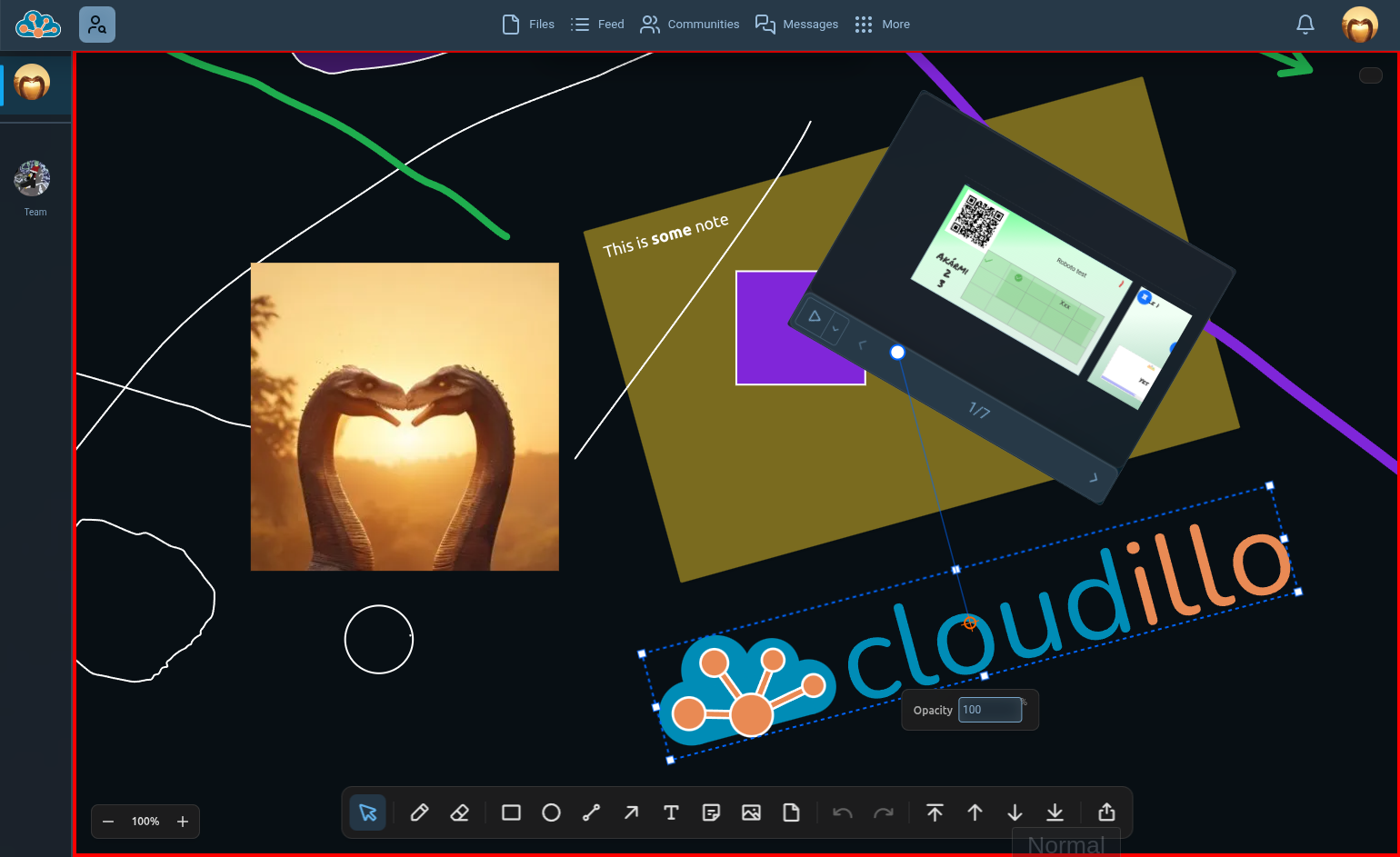 Document embedding in Cloudillo — a whiteboard with embedded images, notes, and a presentation