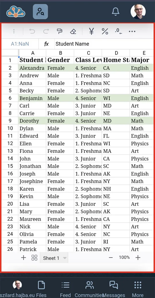 Spreadsheet with formulas, cell formatting, and multiple collaborative cursors
