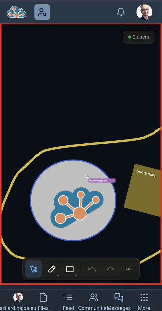 Collaborative whiteboard canvas with shapes, sticky notes, and multiple cursors
