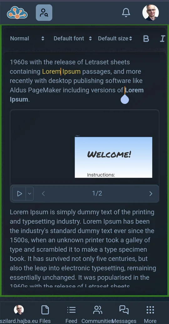 Rich text editor with formatting toolbar and two collaborative cursors